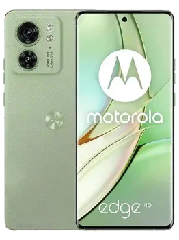 Front and back view of Motorola Edge 40 smartphone with 6.55" P-OLED, 144Hz display, triple-camera setup, metallic finish, and curved edges for comfortable grip.